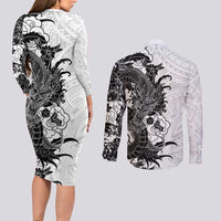 Hawaiian And Japanese Culture Couples Matching Long Sleeve Bodycon Dress and Long Sleeve Button Shirt Irezumi Dragon With Polynesian Pattern White LT05 - Polynesian Pride