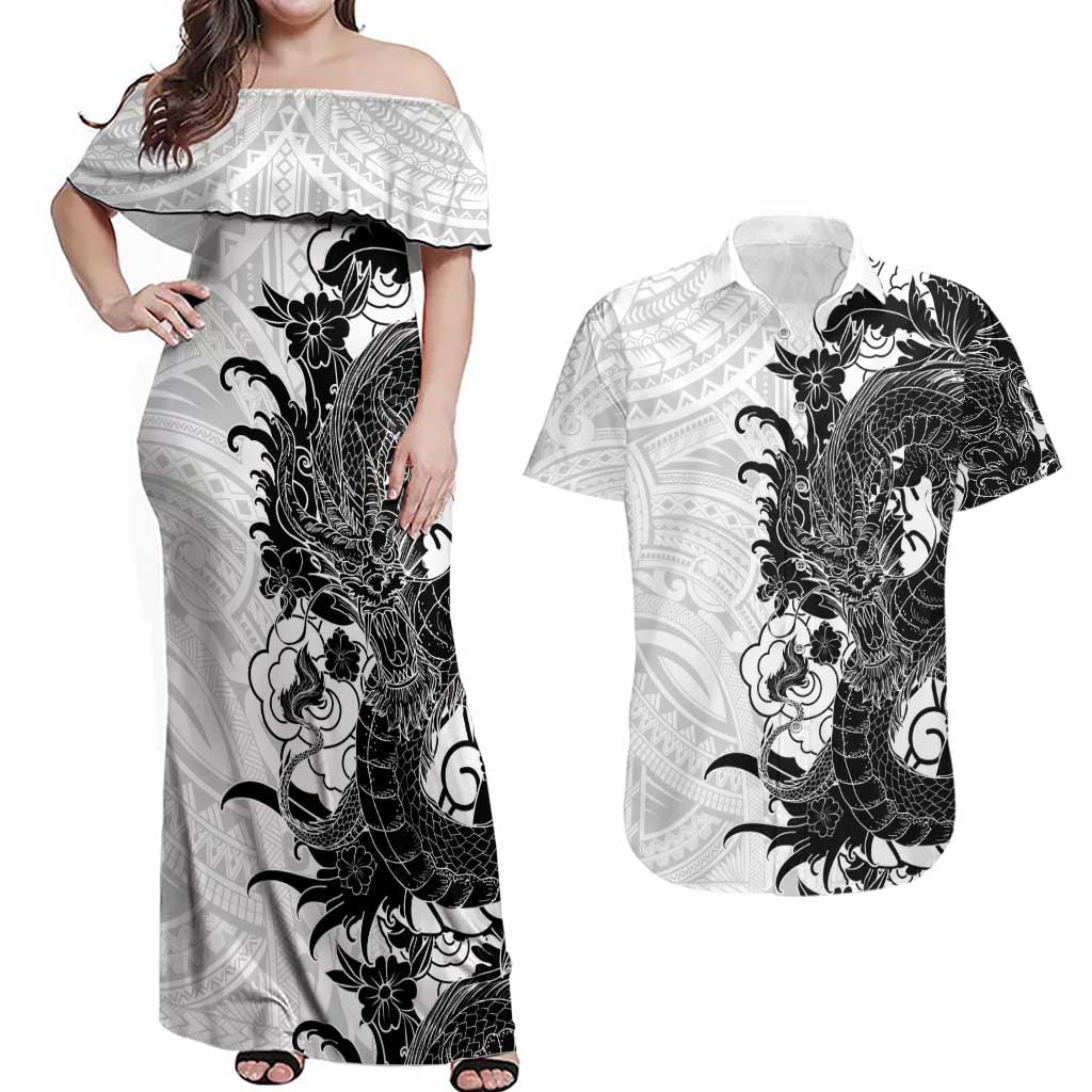 Hawaiian And Japanese Culture Couples Matching Off Shoulder Maxi Dress and Hawaiian Shirt Irezumi Dragon With Polynesian Pattern White - Polynesian Pride