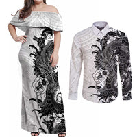 Hawaiian And Japanese Culture Couples Matching Off Shoulder Maxi Dress and Long Sleeve Button Shirt Irezumi Dragon With Polynesian Pattern White LT05 White - Polynesian Pride