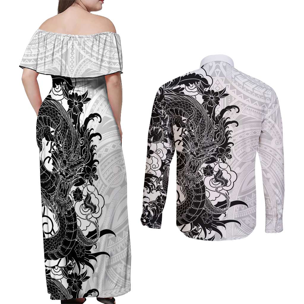 Hawaiian And Japanese Culture Couples Matching Off Shoulder Maxi Dress and Long Sleeve Button Shirt Irezumi Dragon With Polynesian Pattern White LT05 - Polynesian Pride