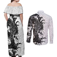 Hawaiian And Japanese Culture Couples Matching Off Shoulder Maxi Dress and Long Sleeve Button Shirt Irezumi Dragon With Polynesian Pattern White LT05 - Polynesian Pride