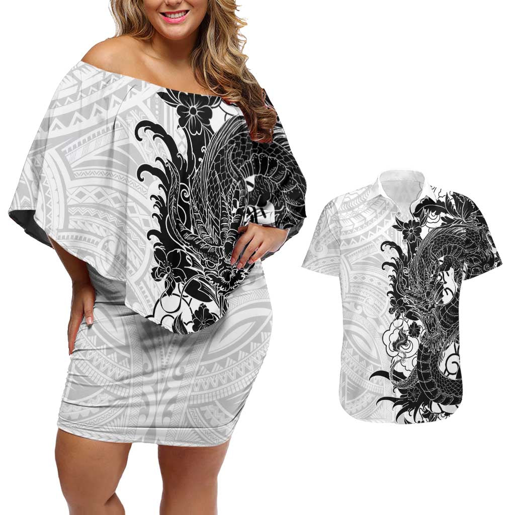 Hawaiian And Japanese Culture Couples Matching Off Shoulder Short Dress and Hawaiian Shirt Irezumi Dragon With Polynesian Pattern White LT05 White - Polynesian Pride