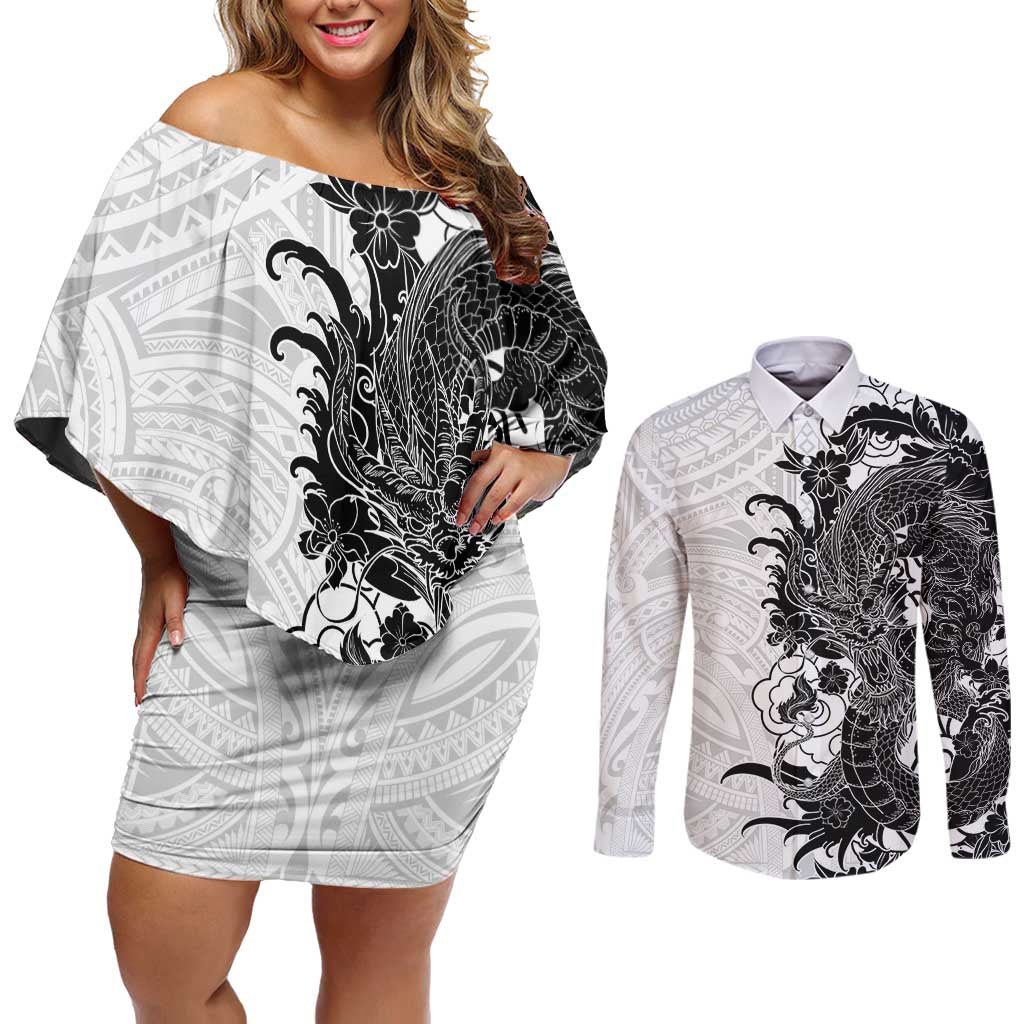Hawaiian And Japanese Culture Couples Matching Off Shoulder Short Dress and Long Sleeve Button Shirt Irezumi Dragon With Polynesian Pattern White LT05 White - Polynesian Pride
