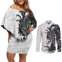 Hawaiian And Japanese Culture Couples Matching Off Shoulder Short Dress and Long Sleeve Button Shirt Irezumi Dragon With Polynesian Pattern White LT05 White - Polynesian Pride