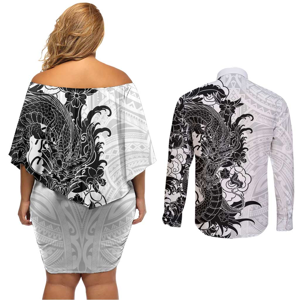 Hawaiian And Japanese Culture Couples Matching Off Shoulder Short Dress and Long Sleeve Button Shirt Irezumi Dragon With Polynesian Pattern White LT05 - Polynesian Pride