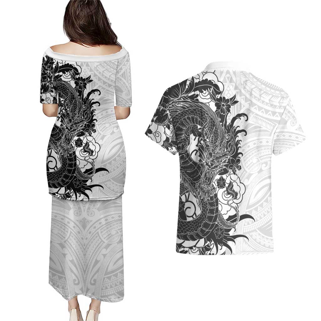 Hawaiian And Japanese Culture Couples Matching Puletasi and Hawaiian Shirt Irezumi Dragon With Polynesian Pattern White - Polynesian Pride
