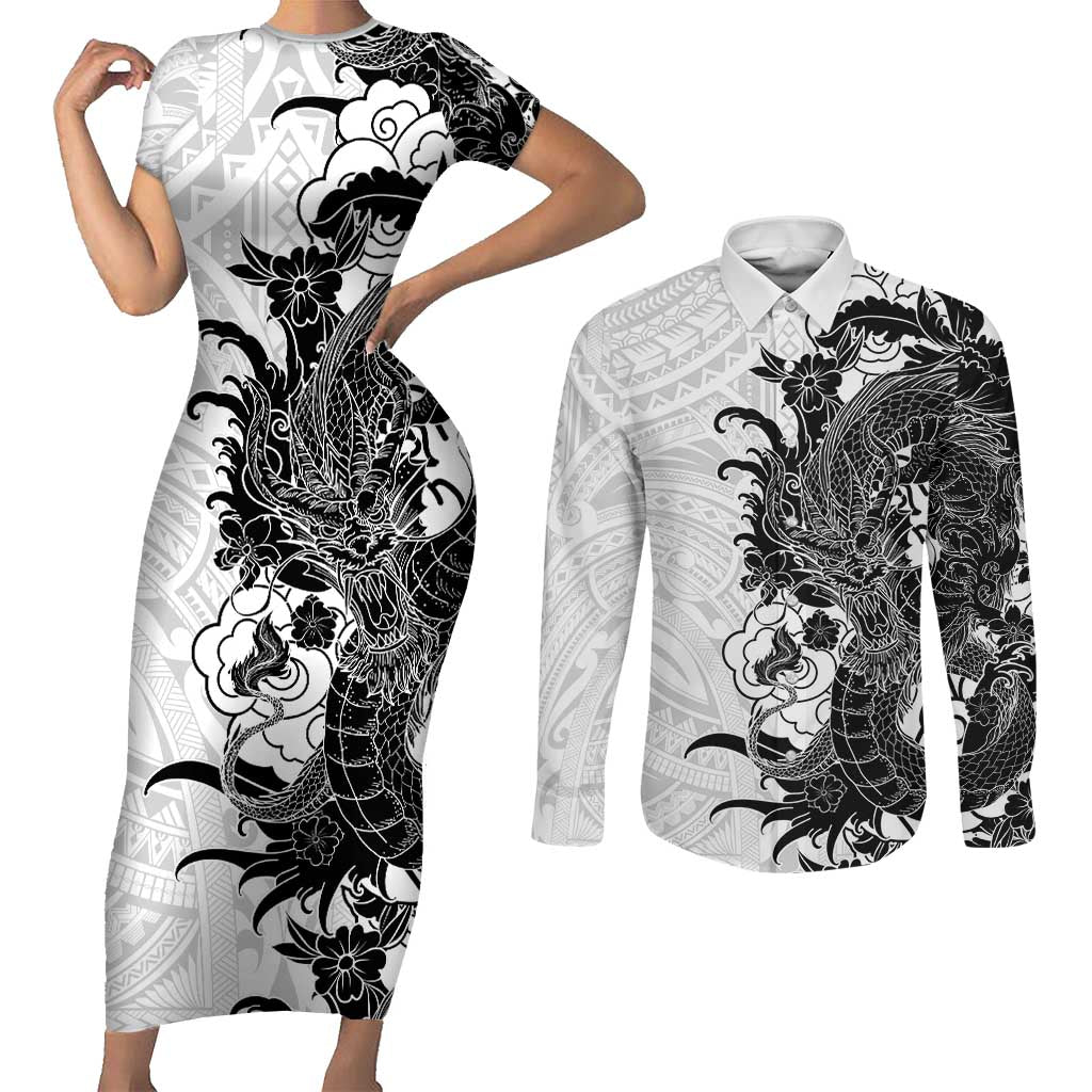 Hawaiian And Japanese Culture Couples Matching Short Sleeve Bodycon Dress and Long Sleeve Button Shirt Irezumi Dragon With Polynesian Pattern White LT05 White - Polynesian Pride