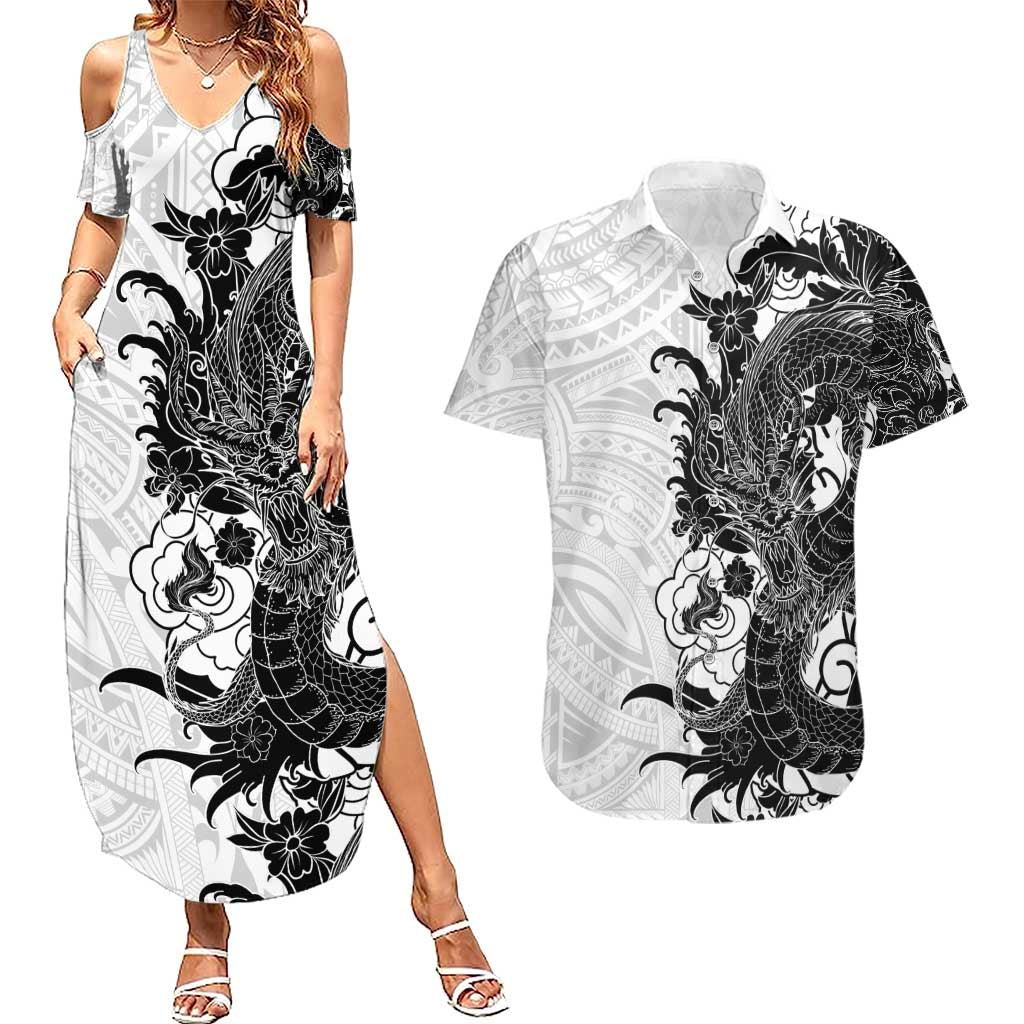 Hawaiian And Japanese Culture Couples Matching Summer Maxi Dress and Hawaiian Shirt Irezumi Dragon With Polynesian Pattern White LT05 White - Polynesian Pride