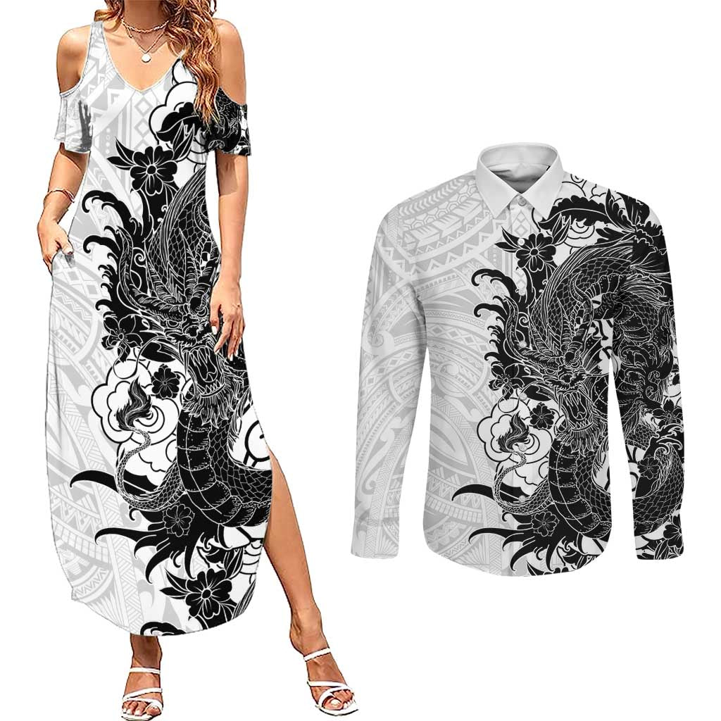 Hawaiian And Japanese Culture Couples Matching Summer Maxi Dress and Long Sleeve Button Shirt Irezumi Dragon With Polynesian Pattern White LT05 White - Polynesian Pride