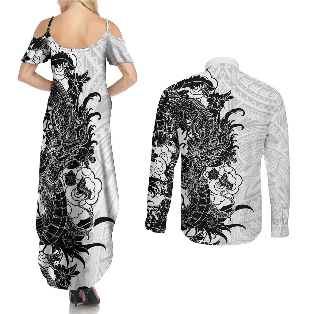Hawaiian And Japanese Culture Couples Matching Summer Maxi Dress and Long Sleeve Button Shirt Irezumi Dragon With Polynesian Pattern White LT05 - Polynesian Pride
