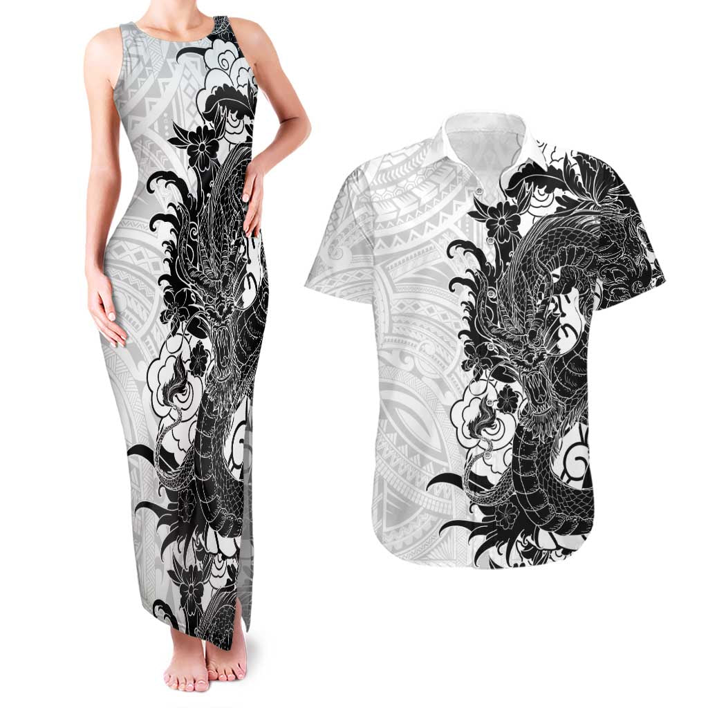 Hawaiian And Japanese Culture Couples Matching Tank Maxi Dress and Hawaiian Shirt Irezumi Dragon With Polynesian Pattern White LT05 White - Polynesian Pride