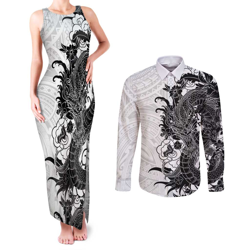 Hawaiian And Japanese Culture Couples Matching Tank Maxi Dress and Long Sleeve Button Shirt Irezumi Dragon With Polynesian Pattern White LT05 White - Polynesian Pride