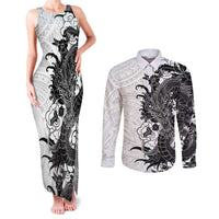 Hawaiian And Japanese Culture Couples Matching Tank Maxi Dress and Long Sleeve Button Shirt Irezumi Dragon With Polynesian Pattern White LT05 White - Polynesian Pride
