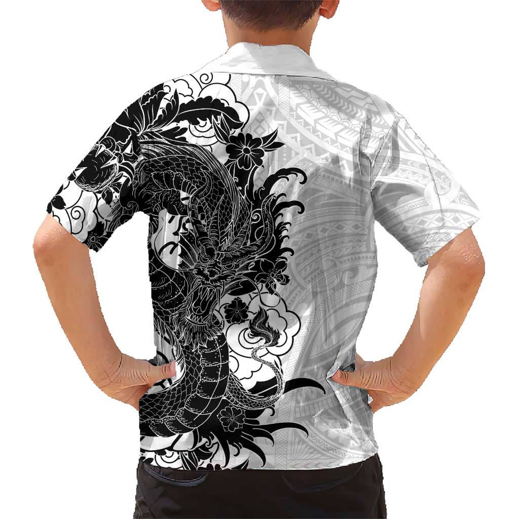 Hawaiian And Japanese Culture Family Matching Long Sleeve Bodycon Dress and Hawaiian Shirt Irezumi Dragon With Polynesian Pattern White - Polynesian Pride