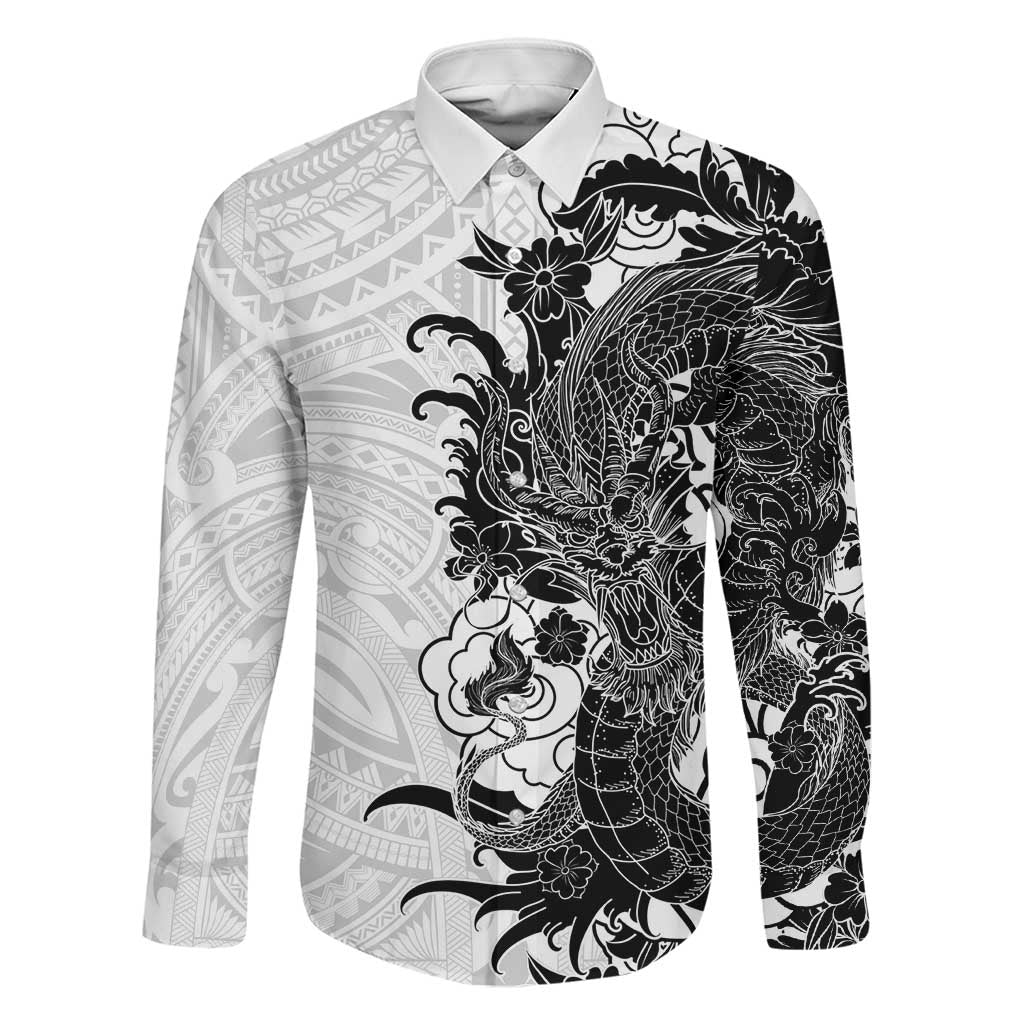 Hawaiian And Japanese Culture Family Matching Long Sleeve Bodycon Dress and Hawaiian Shirt Irezumi Dragon With Polynesian Pattern White - Polynesian Pride