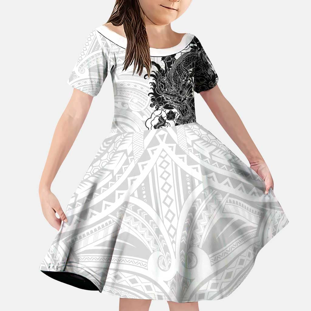 Hawaiian And Japanese Culture Family Matching Off The Shoulder Long Sleeve Dress and Hawaiian Shirt Irezumi Dragon With Polynesian Pattern White - Polynesian Pride