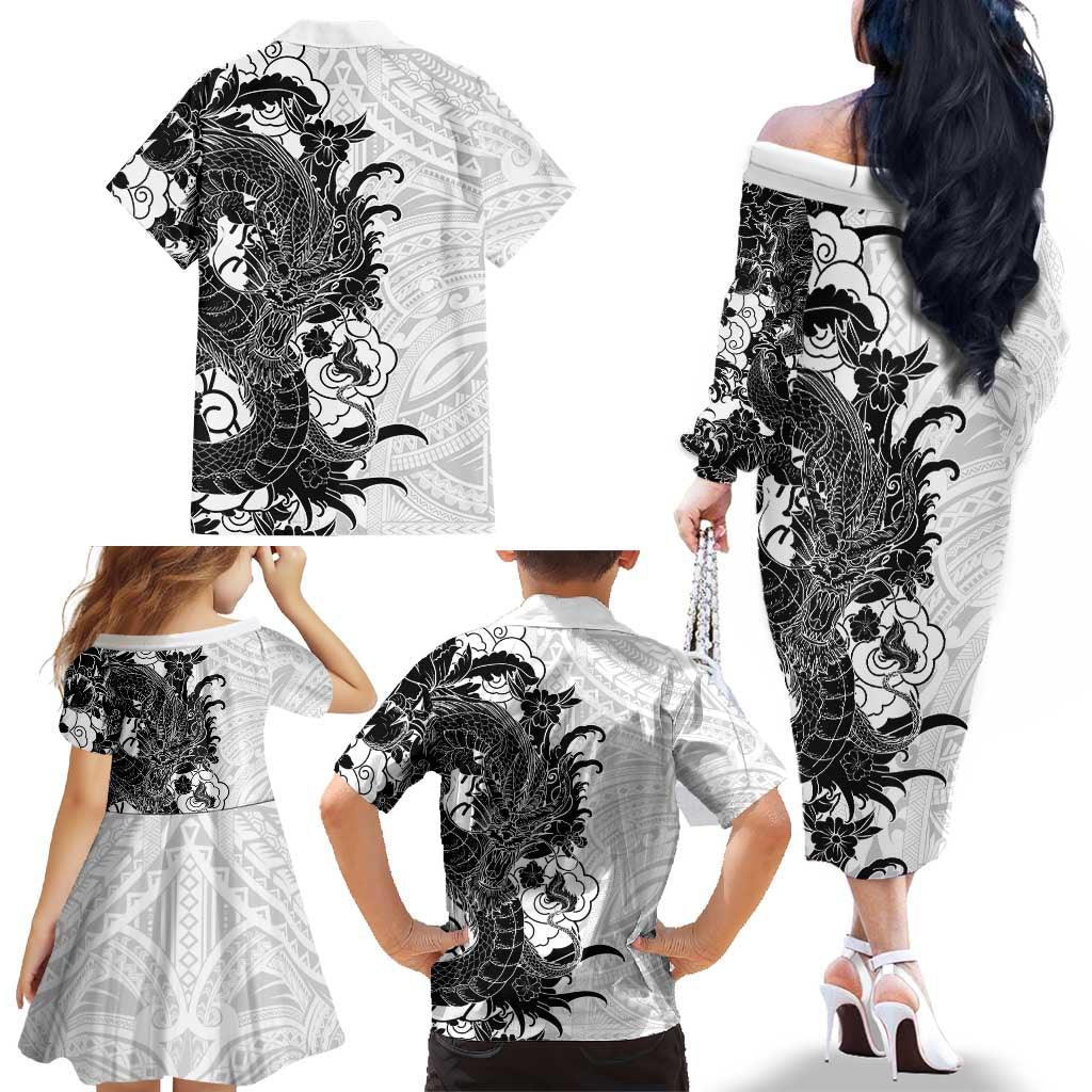 Hawaiian And Japanese Culture Family Matching Off The Shoulder Long Sleeve Dress and Hawaiian Shirt Irezumi Dragon With Polynesian Pattern White - Polynesian Pride