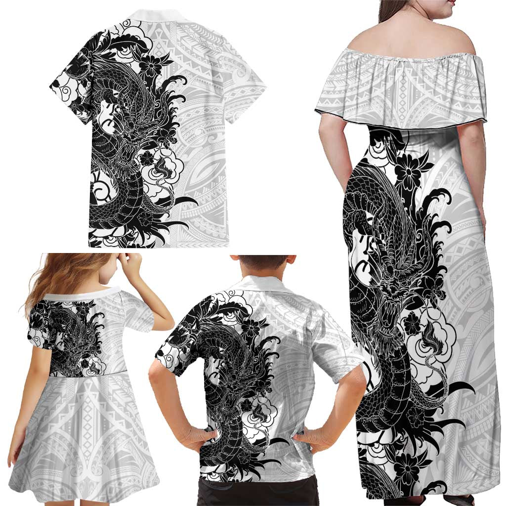 Hawaiian And Japanese Culture Family Matching Off Shoulder Maxi Dress and Hawaiian Shirt Irezumi Dragon With Polynesian Pattern White - Polynesian Pride