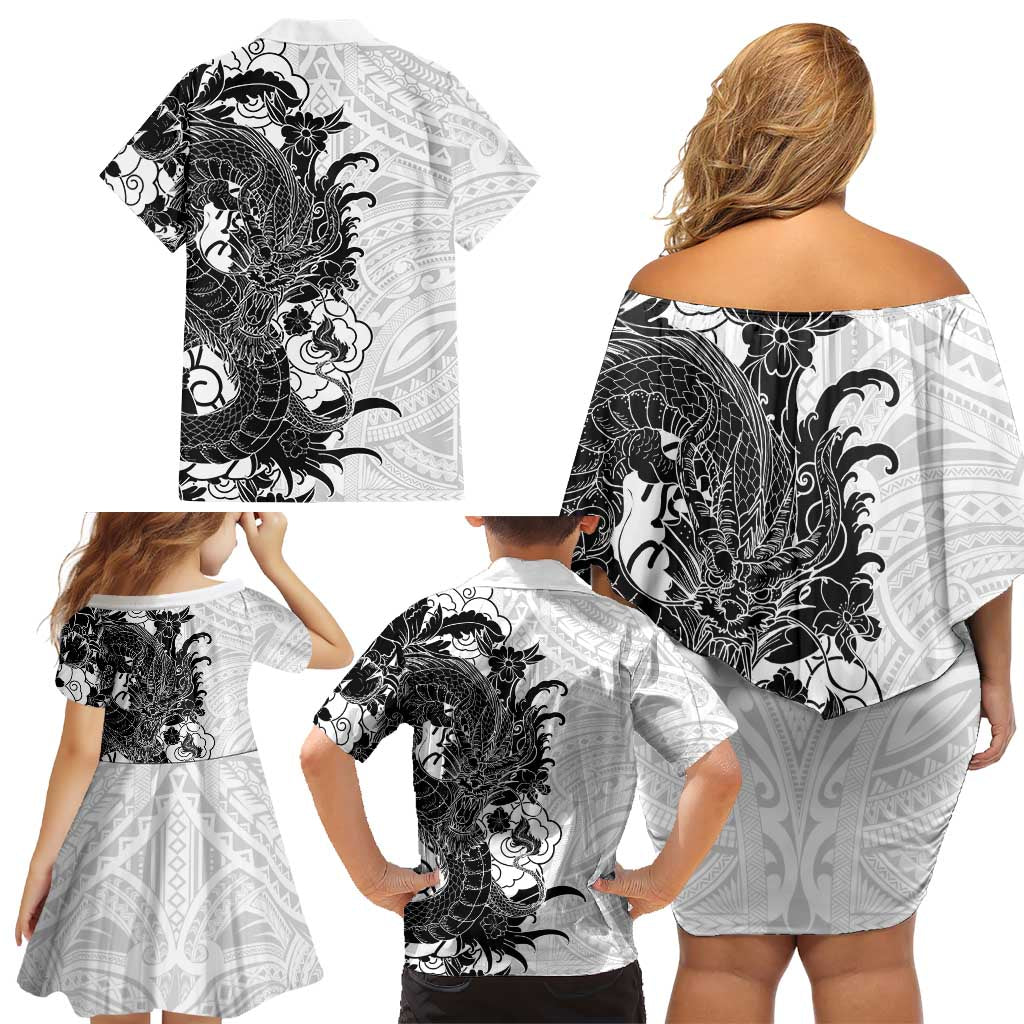Hawaiian And Japanese Culture Family Matching Off Shoulder Short Dress and Hawaiian Shirt Irezumi Dragon With Polynesian Pattern White - Polynesian Pride