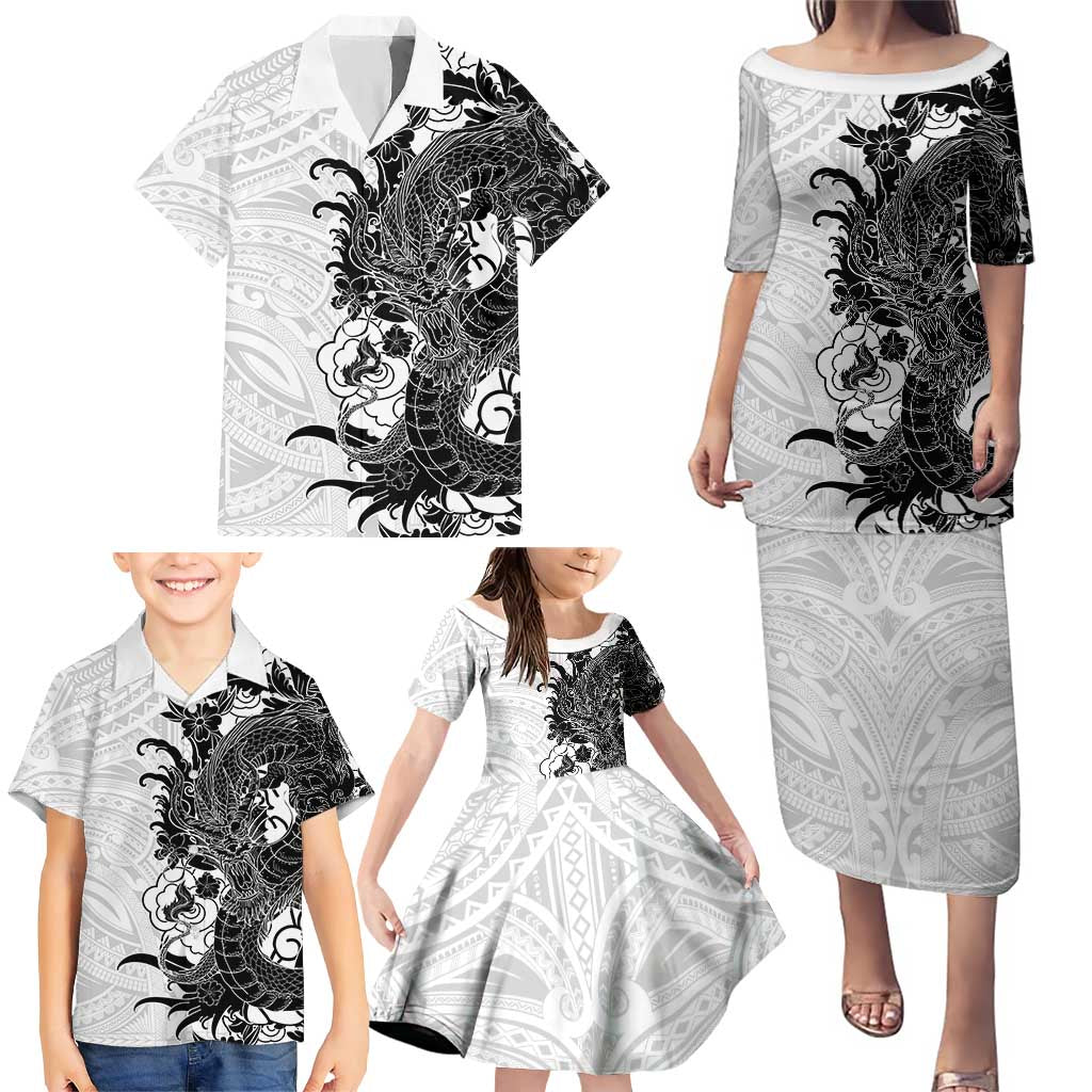 Hawaiian And Japanese Culture Family Matching Puletasi and Hawaiian Shirt Irezumi Dragon With Polynesian Pattern White - Polynesian Pride