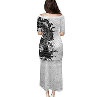 Hawaiian And Japanese Culture Family Matching Puletasi and Hawaiian Shirt Irezumi Dragon With Polynesian Pattern White - Polynesian Pride
