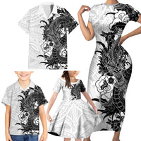 Hawaiian And Japanese Culture Family Matching Short Sleeve Bodycon Dress and Hawaiian Shirt Irezumi Dragon With Polynesian Pattern White - Polynesian Pride