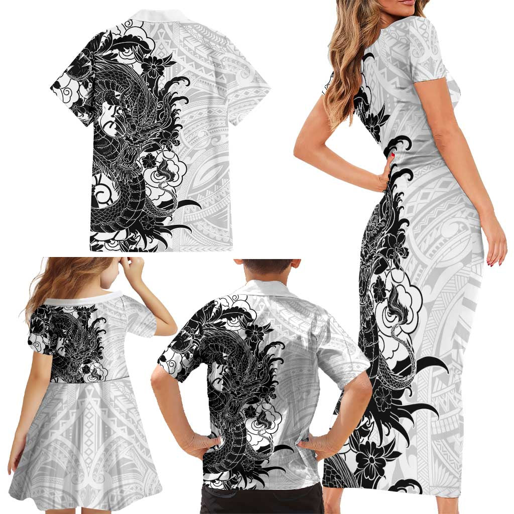 Hawaiian And Japanese Culture Family Matching Short Sleeve Bodycon Dress and Hawaiian Shirt Irezumi Dragon With Polynesian Pattern White - Polynesian Pride