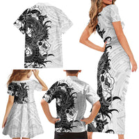 Hawaiian And Japanese Culture Family Matching Short Sleeve Bodycon Dress and Hawaiian Shirt Irezumi Dragon With Polynesian Pattern White - Polynesian Pride