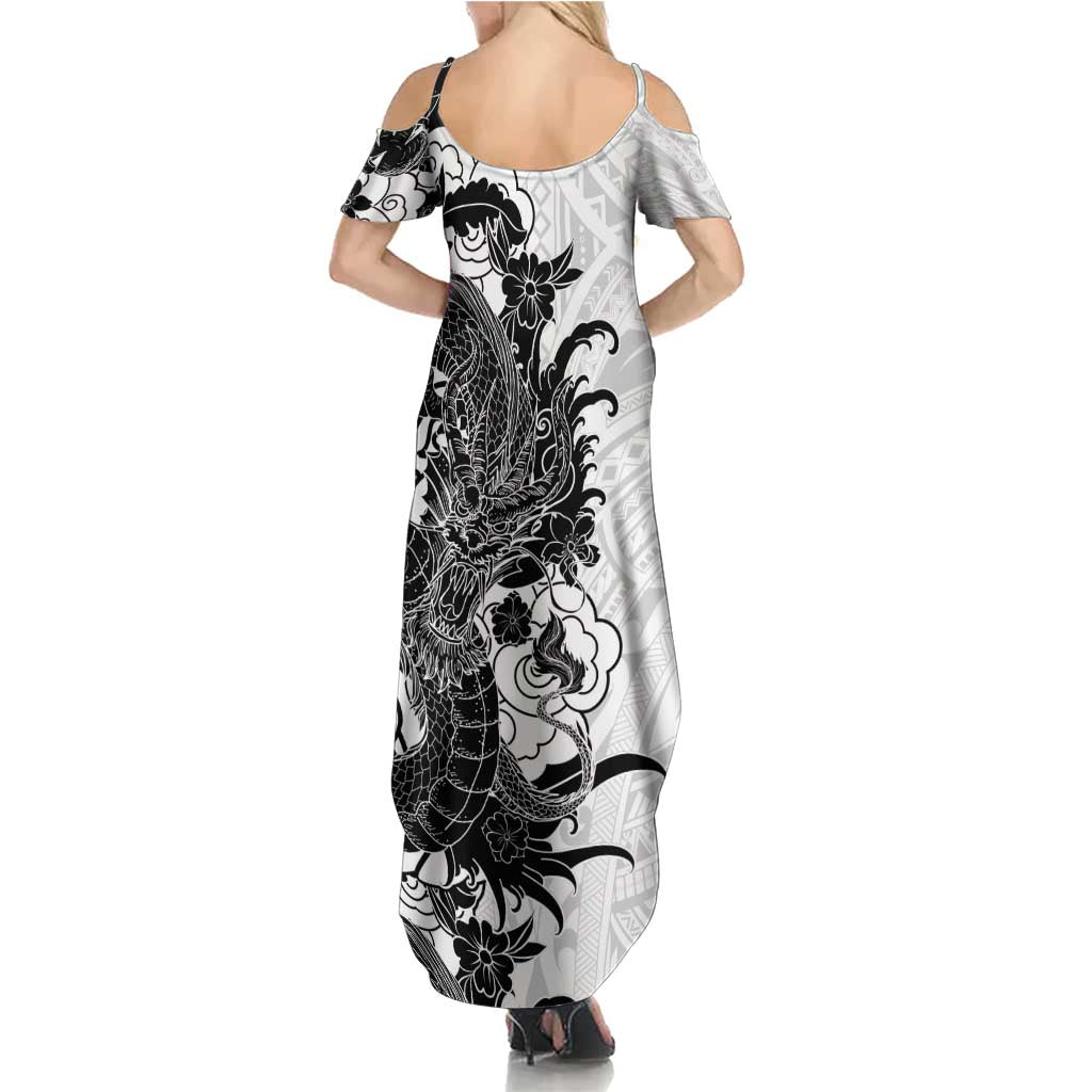 Hawaiian And Japanese Culture Family Matching Summer Maxi Dress and Hawaiian Shirt Irezumi Dragon With Polynesian Pattern White - Polynesian Pride