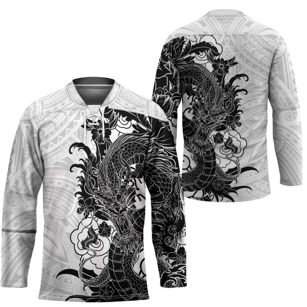Hawaiian And Japanese Culture Hockey Jersey Irezumi Dragon With Polynesian Pattern White LT05 - Polynesian Pride