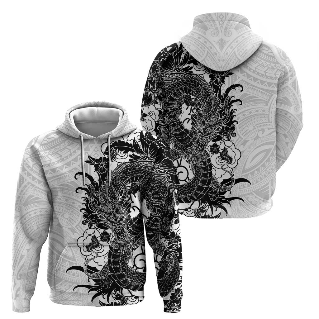 Hawaiian And Japanese Culture Hoodie - Irezumi Dragon With Polynesian Pattern White LT05 - Polynesian Pride