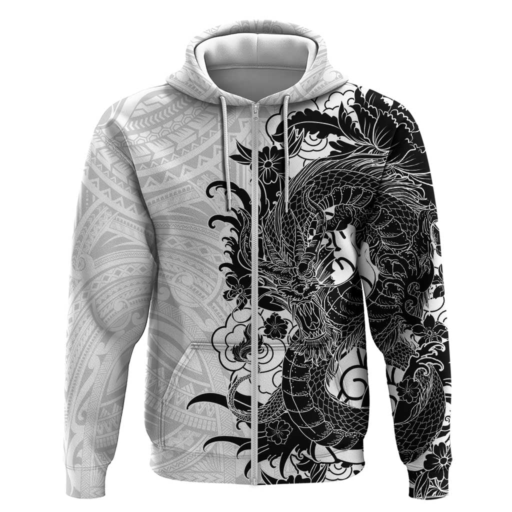 Hawaiian And Japanese Culture Hoodie - Irezumi Dragon With Polynesian Pattern White LT05 Zip Hoodie White - Polynesian Pride