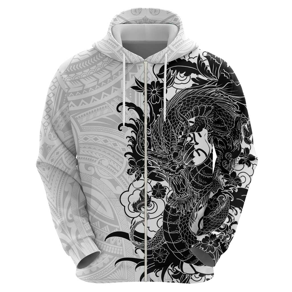 Hawaiian And Japanese Culture Hoodie - Irezumi Dragon With Polynesian Pattern White LT05 - Polynesian Pride