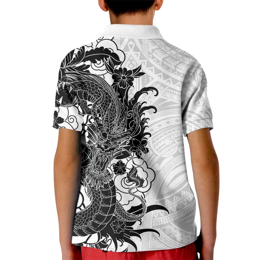 Hawaiian And Japanese Culture Kid Polo Shirt Irezumi Dragon With Polynesian Pattern White LT05 - Polynesian Pride