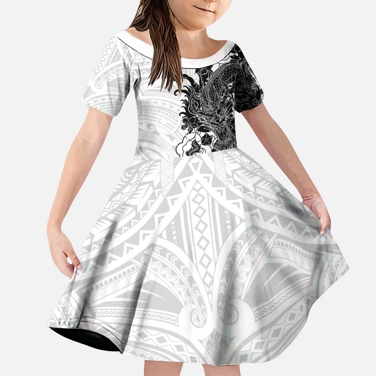 Hawaiian And Japanese Culture Kid Short Sleeve Dress Irezumi Dragon With Polynesian Pattern White LT05 KID White - Polynesian Pride