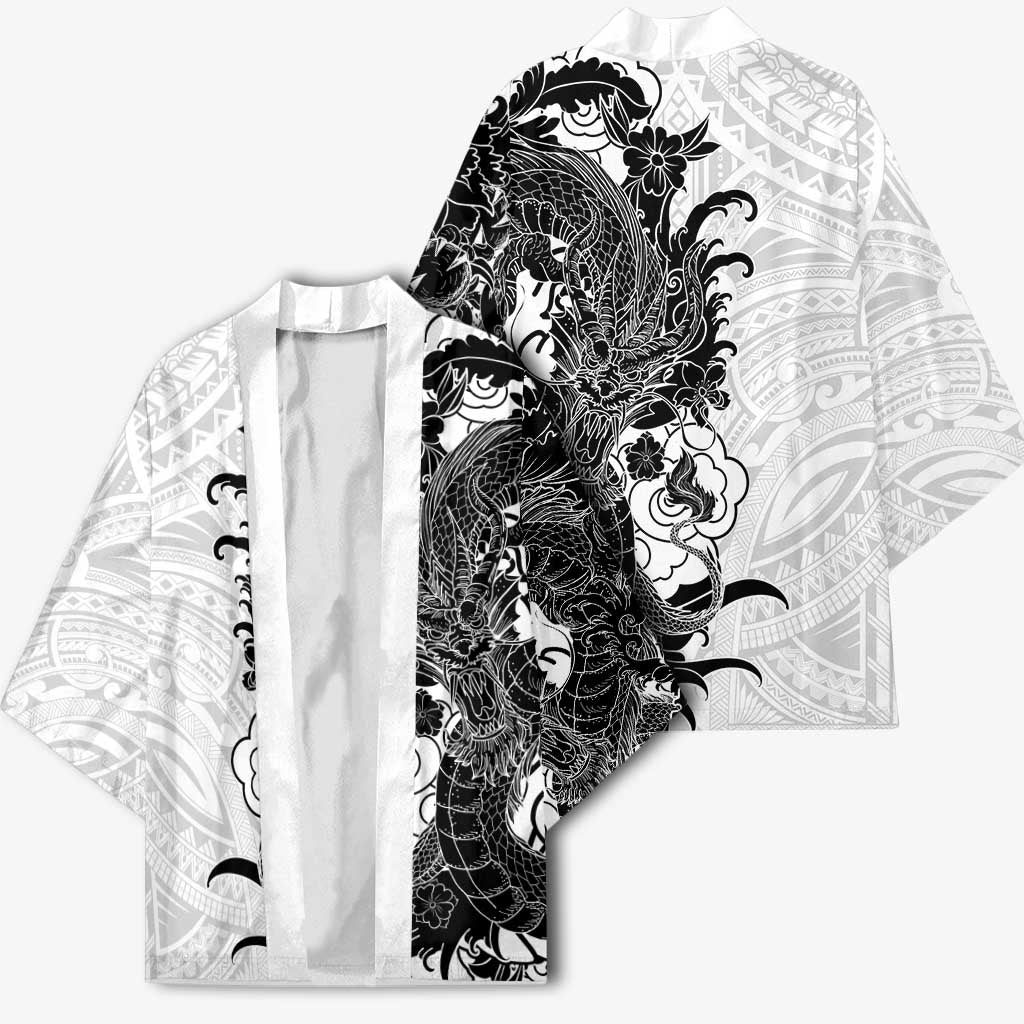 Hawaiian And Japanese Culture Kimono Irezumi Dragon With Polynesian Pattern White LT05 - Polynesian Pride