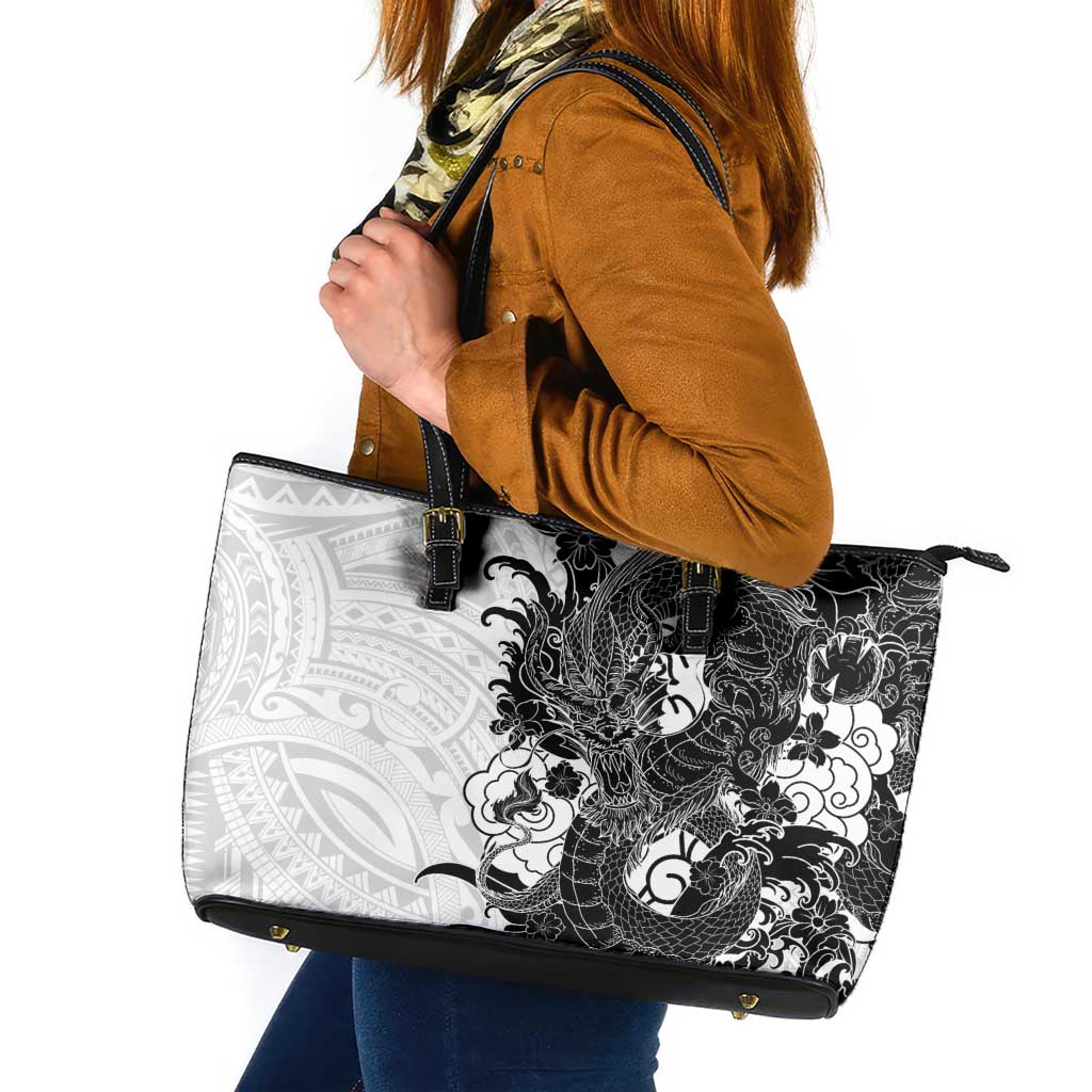 Hawaiian And Japanese Culture Leather Tote Bag Irezumi Dragon With Polynesian Pattern White LT05 White - Polynesian Pride