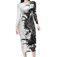Hawaiian And Japanese Culture Long Sleeve Bodycon Dress Irezumi Dragon With Polynesian Pattern White LT05 Long Dress White - Polynesian Pride
