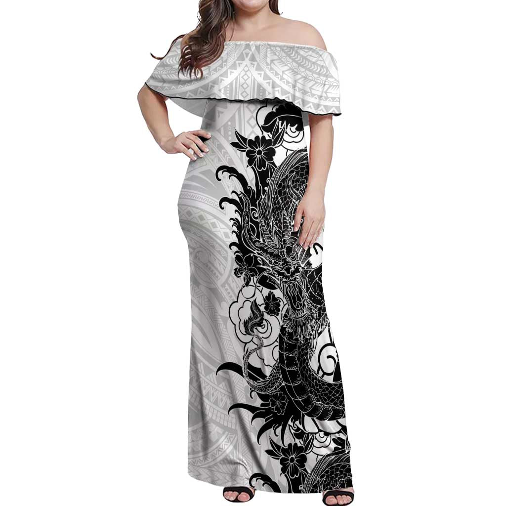 Hawaiian And Japanese Culture Off Shoulder Maxi Dress Irezumi Dragon With Polynesian Pattern White LT05 Women White - Polynesian Pride