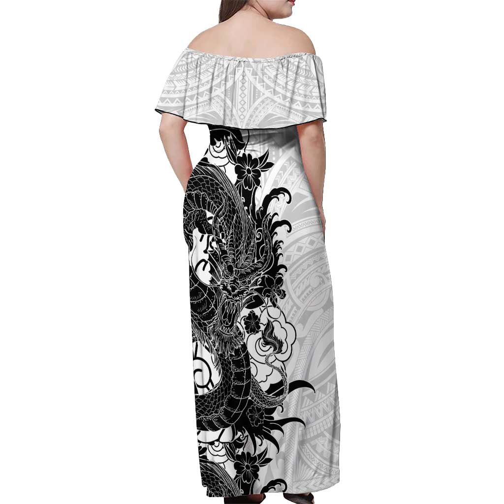 Hawaiian And Japanese Culture Off Shoulder Maxi Dress Irezumi Dragon With Polynesian Pattern White LT05 - Polynesian Pride
