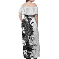 Hawaiian And Japanese Culture Off Shoulder Maxi Dress Irezumi Dragon With Polynesian Pattern White LT05 - Polynesian Pride