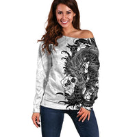 Hawaiian And Japanese Culture Off Shoulder Sweater Irezumi Dragon With Polynesian Pattern White LT05 Women White - Polynesian Pride