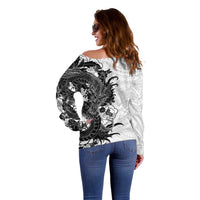 Hawaiian And Japanese Culture Off Shoulder Sweater Irezumi Dragon With Polynesian Pattern White LT05 - Polynesian Pride