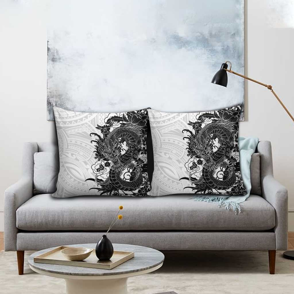 Hawaiian And Japanese Culture Pillow Cover Irezumi Dragon With Polynesian Pattern White LT05 - Polynesian Pride