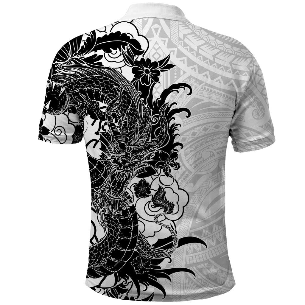 Hawaiian And Japanese Culture Polo Shirt Irezumi Dragon With Polynesian Pattern White LT05 - Polynesian Pride