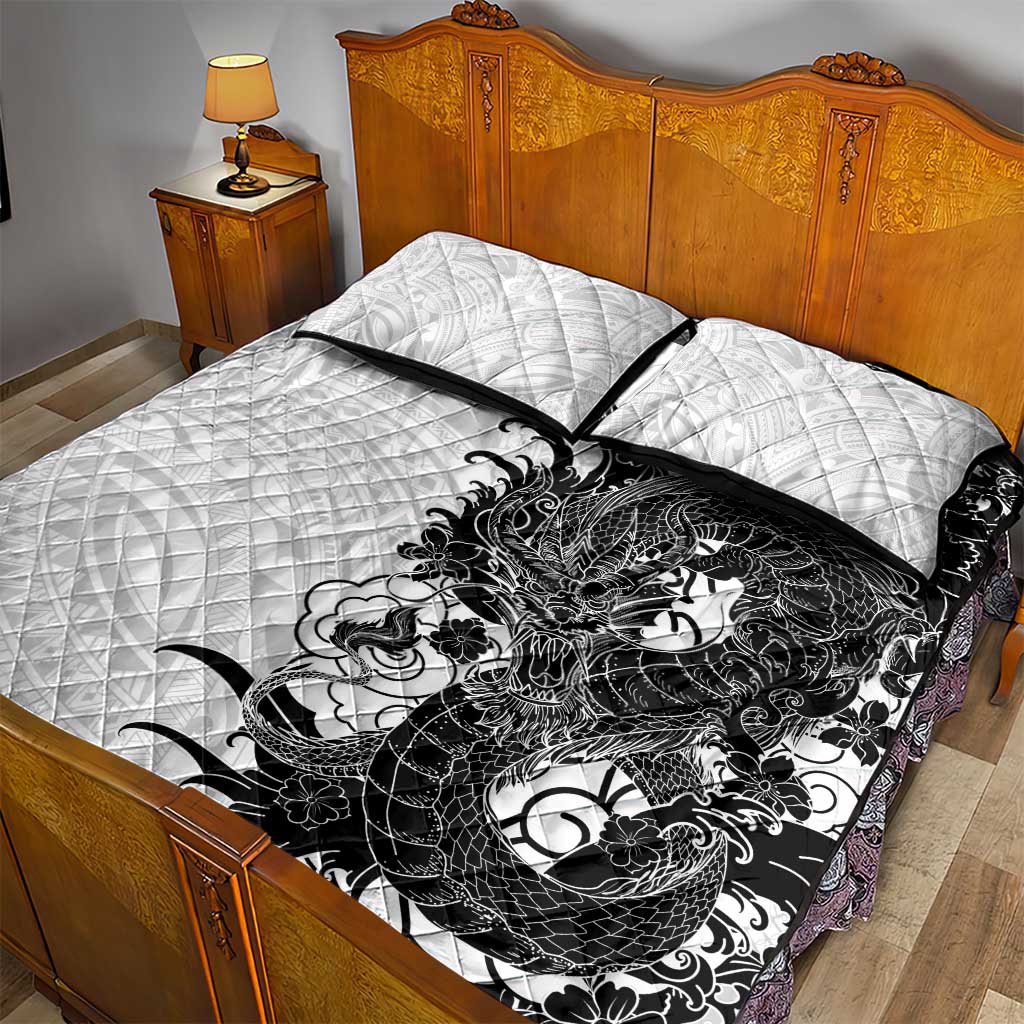 Hawaiian And Japanese Culture Quilt Bed Set Irezumi Dragon With Polynesian Pattern White LT05 - Polynesian Pride