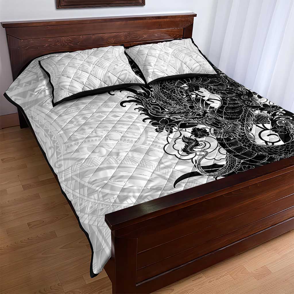 Hawaiian And Japanese Culture Quilt Bed Set Irezumi Dragon With Polynesian Pattern White LT05 - Polynesian Pride