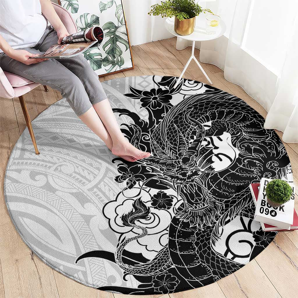 Hawaiian And Japanese Culture Round Carpet Irezumi Dragon With Polynesian Pattern White LT05 - Polynesian Pride