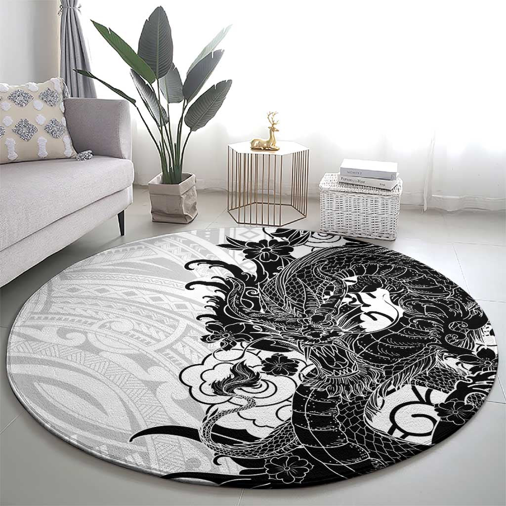 Hawaiian And Japanese Culture Round Carpet Irezumi Dragon With Polynesian Pattern White LT05 - Polynesian Pride
