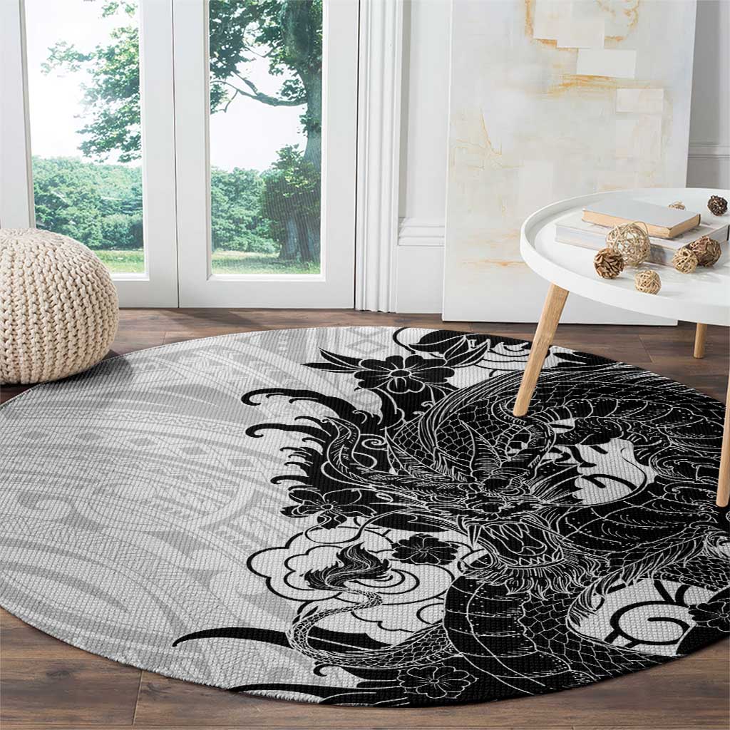 Hawaiian And Japanese Culture Round Carpet Irezumi Dragon With Polynesian Pattern White LT05 - Polynesian Pride